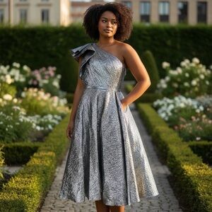 Mac Duggal 67906 Silver One Shoulder Brocade Bow Midi Dress Evening Metallic 4